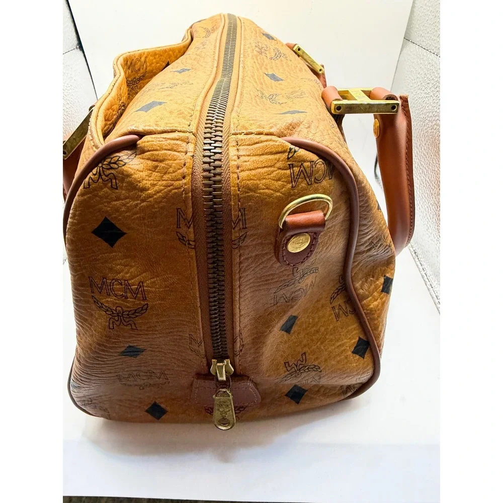 MCM Visetos Boston Bag Cognac Monogram Coated Canvas Satchel G0814‎ 10in